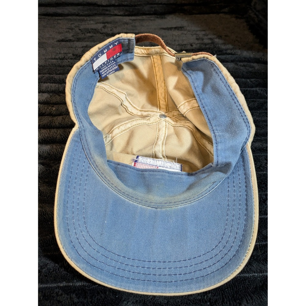 Vintage Tommy Hilfiger Dad Hat Tan Beige Made in USA Leather Strap Flag Logo Cap - Picture 6 of 8